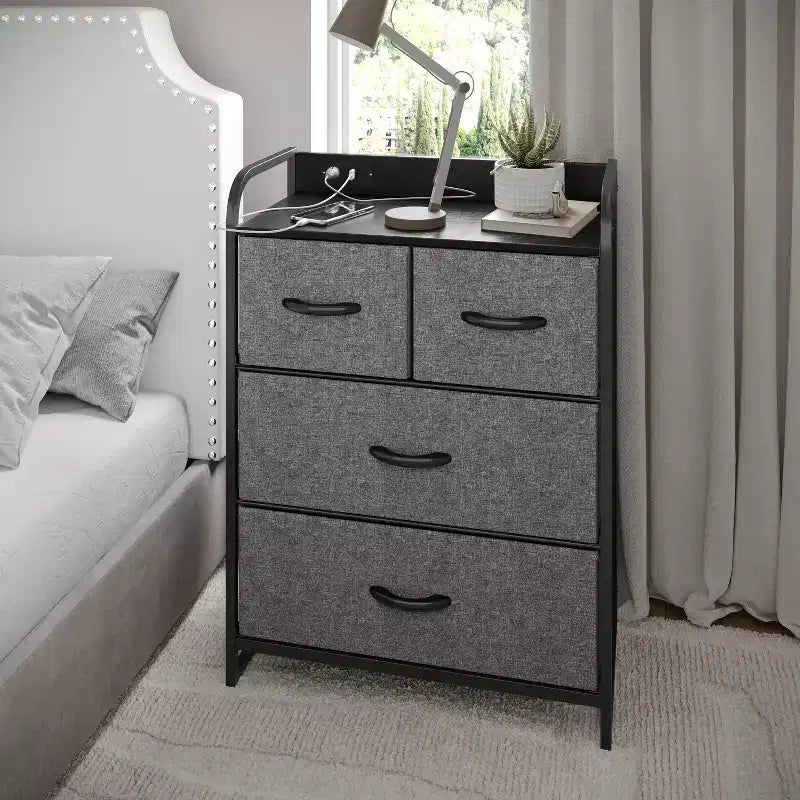 4 Drawer Nightstand with Charging Station, 2 USB Ports and 1 Outlet, Metal Frame, Engineered Wood Top, Drawers and Handles