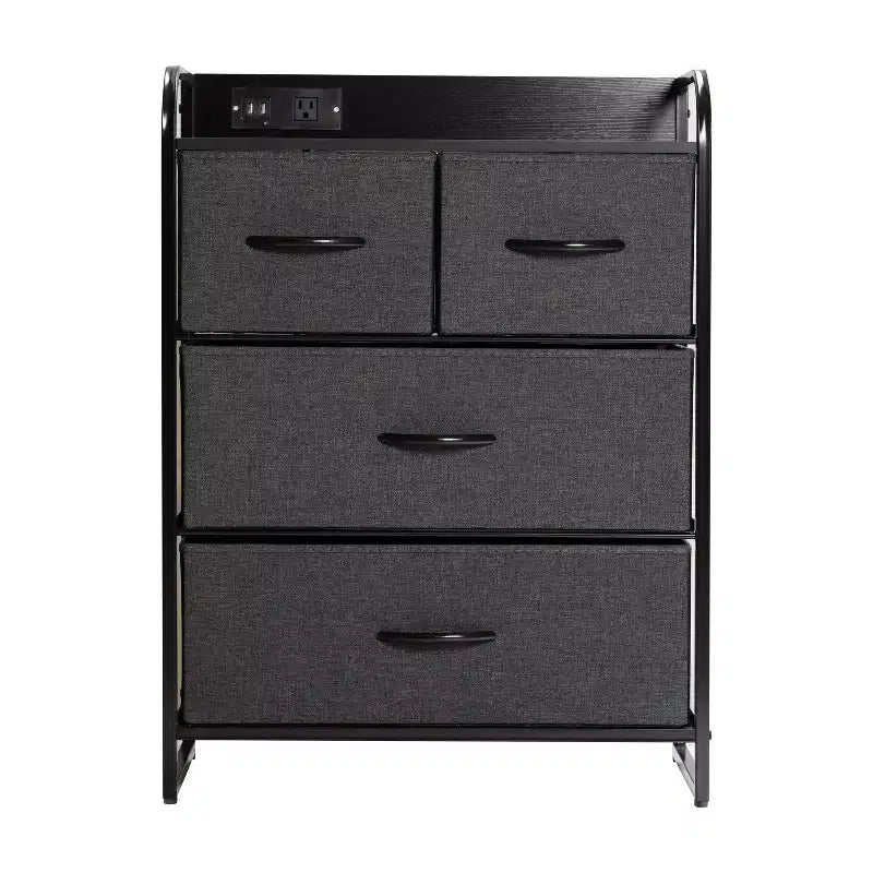 4 Drawer Nightstand with Charging Station, 2 USB Ports and 1 Outlet, Metal Frame, Engineered Wood Top, Drawers and Handles