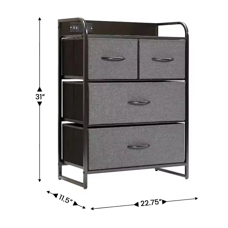 4 Drawer Nightstand with Charging Station, 2 USB Ports and 1 Outlet, Metal Frame, Engineered Wood Top, Drawers and Handles