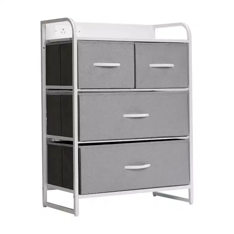 4 Drawer Nightstand with Charging Station, 2 USB Ports and 1 Outlet, Metal Frame, Engineered Wood Top, Drawers and Handles