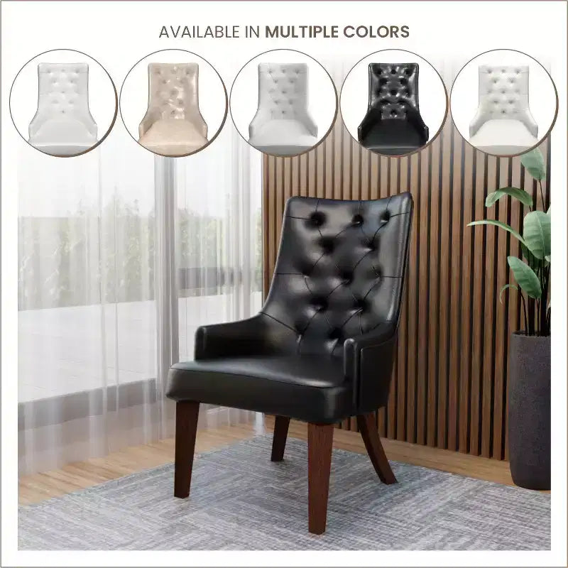 Dining Chair Upholstered in Leather Velvet with Diamond-Tufted High Back Design and Stained Rubberwood Legs