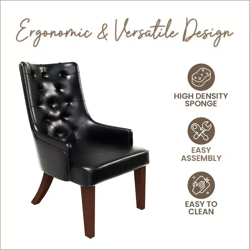 Dining Chair Upholstered in Leather Velvet with Diamond-Tufted High Back Design and Stained Rubberwood Legs