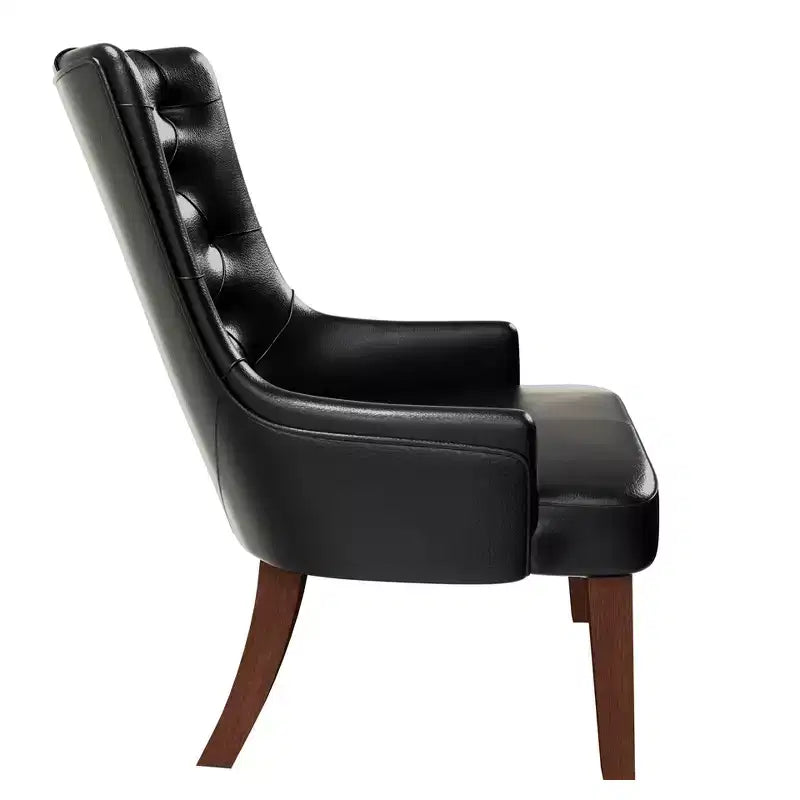 Dining Chair Upholstered in Leather Velvet with Diamond-Tufted High Back Design and Stained Rubberwood Legs