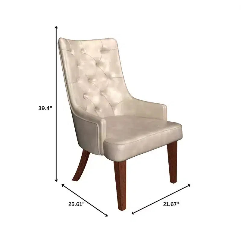 Dining Chair Upholstered in Leather Velvet with Diamond-Tufted High Back Design and Stained Rubberwood Legs