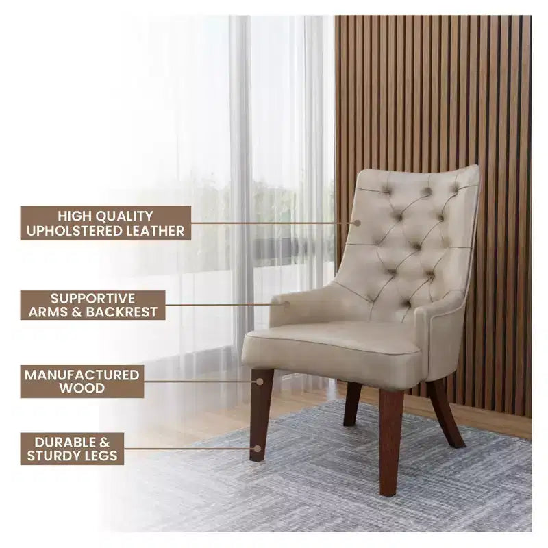 Dining Chair Upholstered in Leather Velvet with Diamond-Tufted High Back Design and Stained Rubberwood Legs