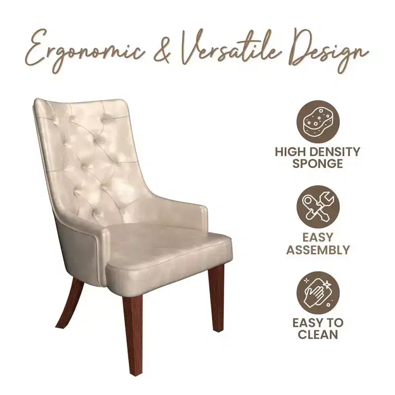 Dining Chair Upholstered in Leather Velvet with Diamond-Tufted High Back Design and Stained Rubberwood Legs