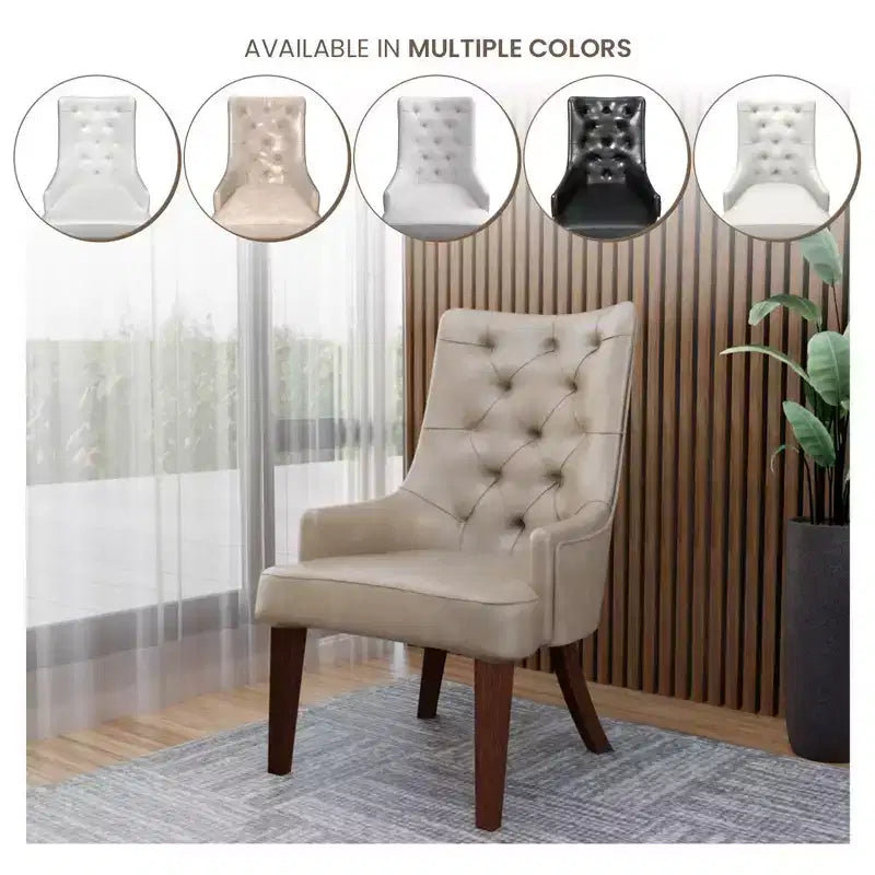 Dining Chair Upholstered in Leather Velvet with Diamond-Tufted High Back Design and Stained Rubberwood Legs