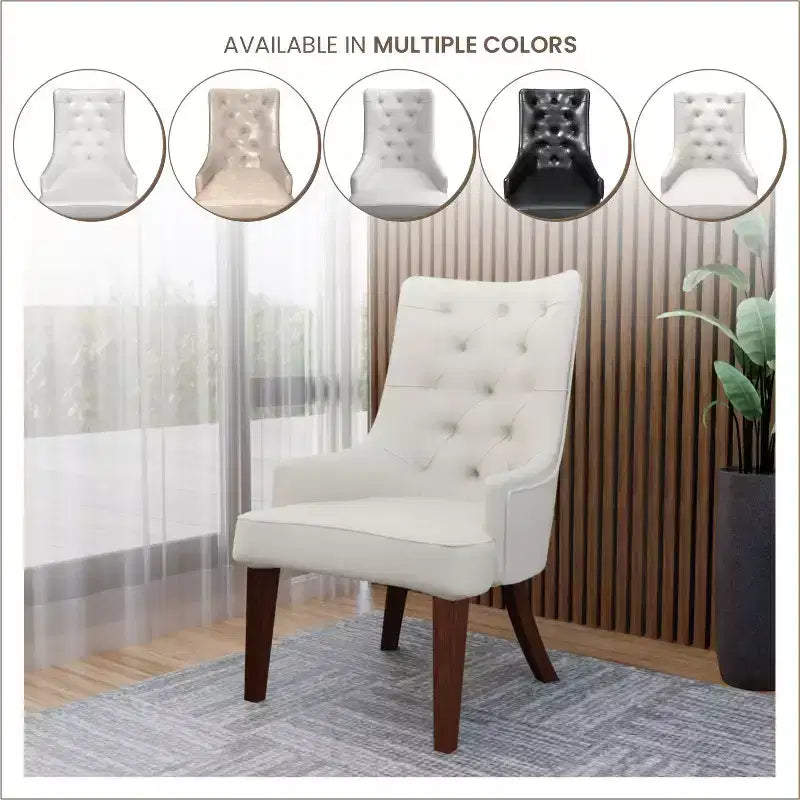 Dining Chair Upholstered in Leather Velvet with Diamond-Tufted High Back Design and Stained Rubberwood Legs