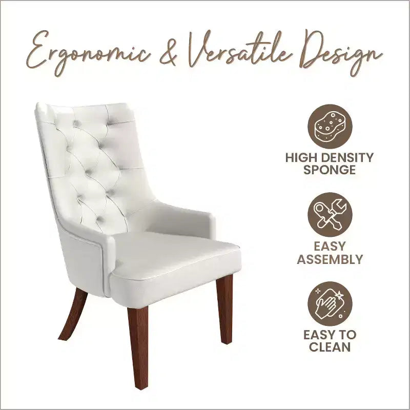 Dining Chair Upholstered in Leather Velvet with Diamond-Tufted High Back Design and Stained Rubberwood Legs