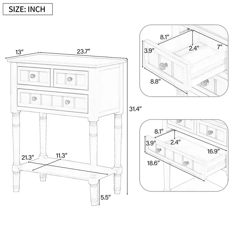 Console étroite avec trois tiroirs de rangement et une étagère inférieure