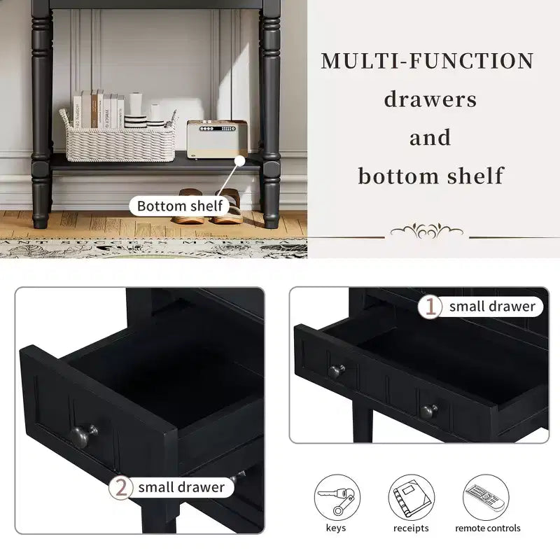 Console étroite avec trois tiroirs de rangement et une étagère inférieure