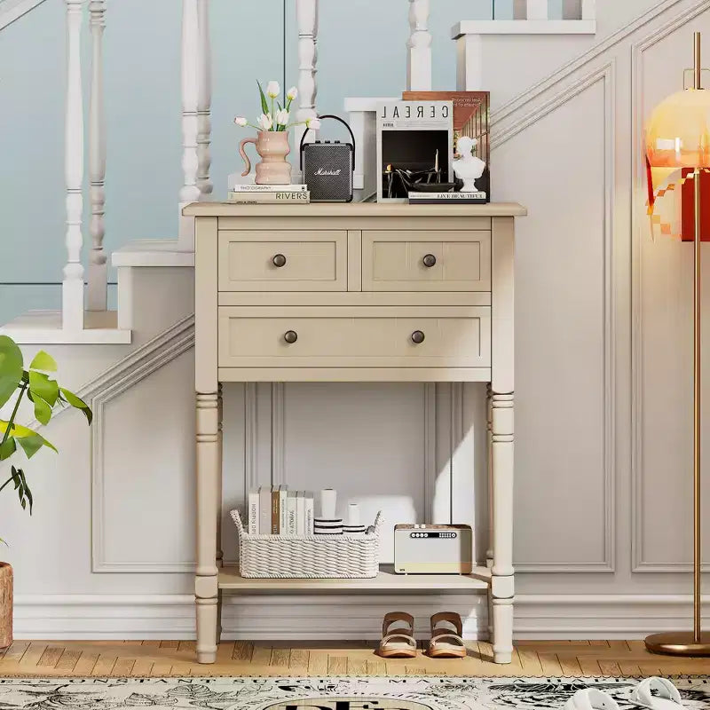 Narrow Console Table with Three Storage Drawers and Bottom Shelf