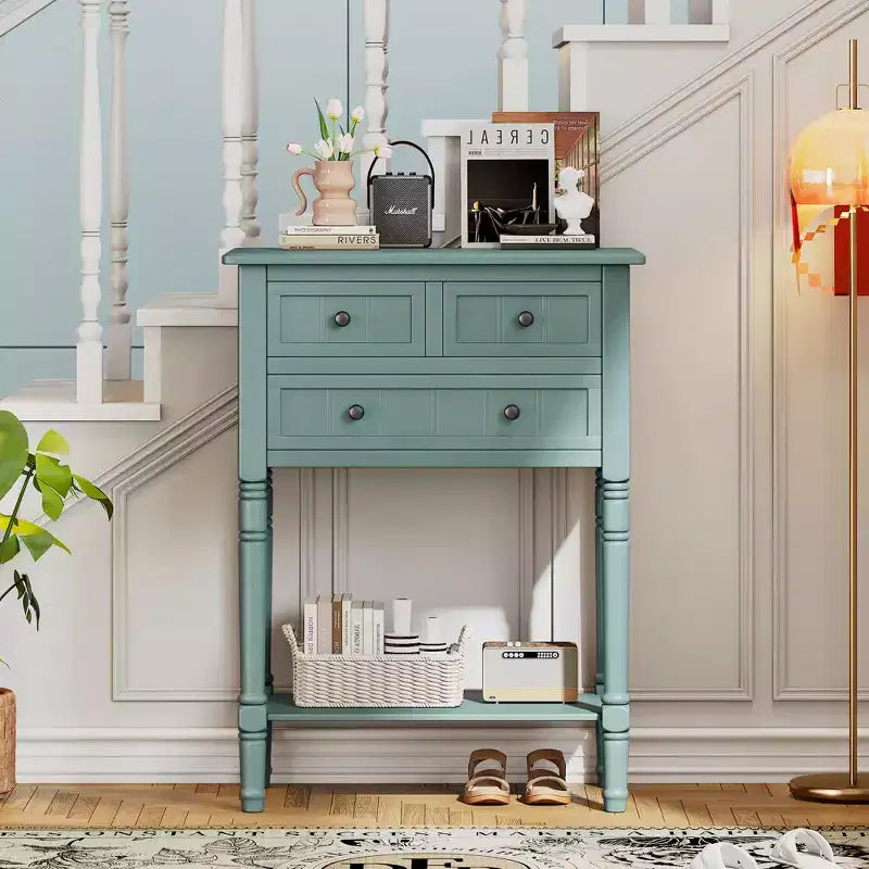 Console étroite avec trois tiroirs de rangement et une étagère inférieure