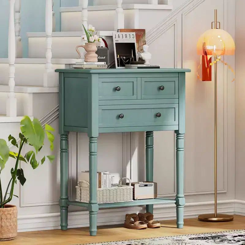 Console étroite avec trois tiroirs de rangement et une étagère inférieure