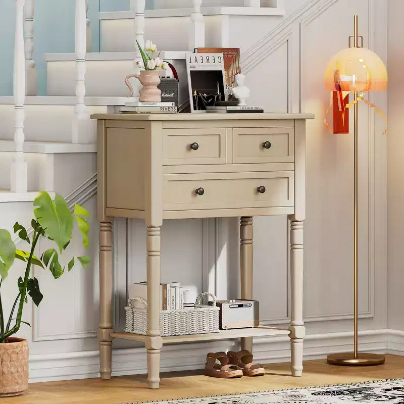Narrow Console Table with Three Storage Drawers and Bottom Shelf
