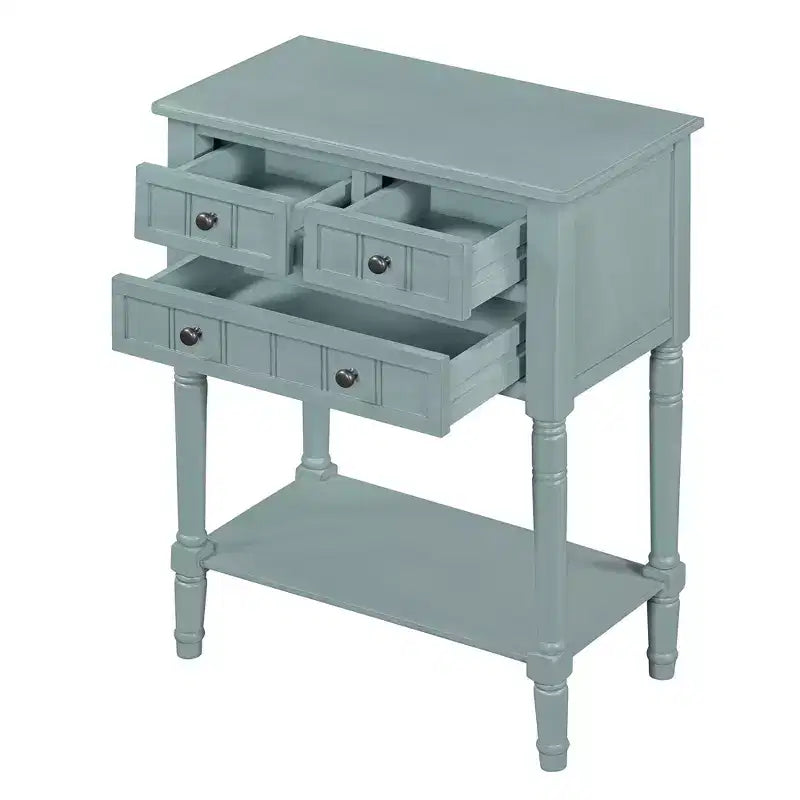 Console étroite avec trois tiroirs de rangement et une étagère inférieure