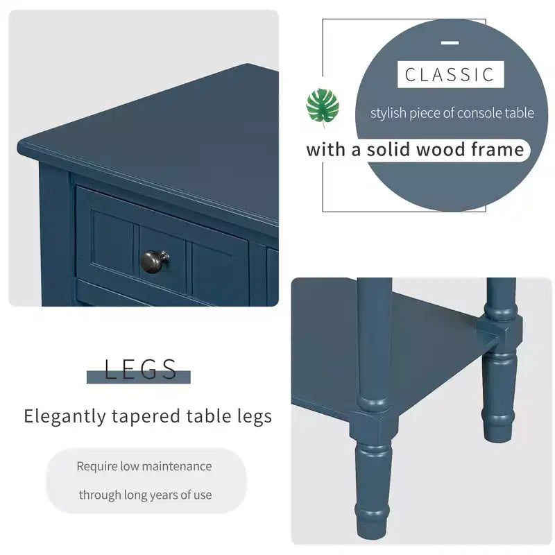 Console étroite avec trois tiroirs de rangement et une étagère inférieure