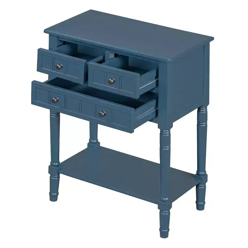 Console étroite avec trois tiroirs de rangement et une étagère inférieure