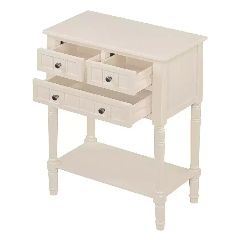 Console étroite avec trois tiroirs de rangement et une étagère inférieure