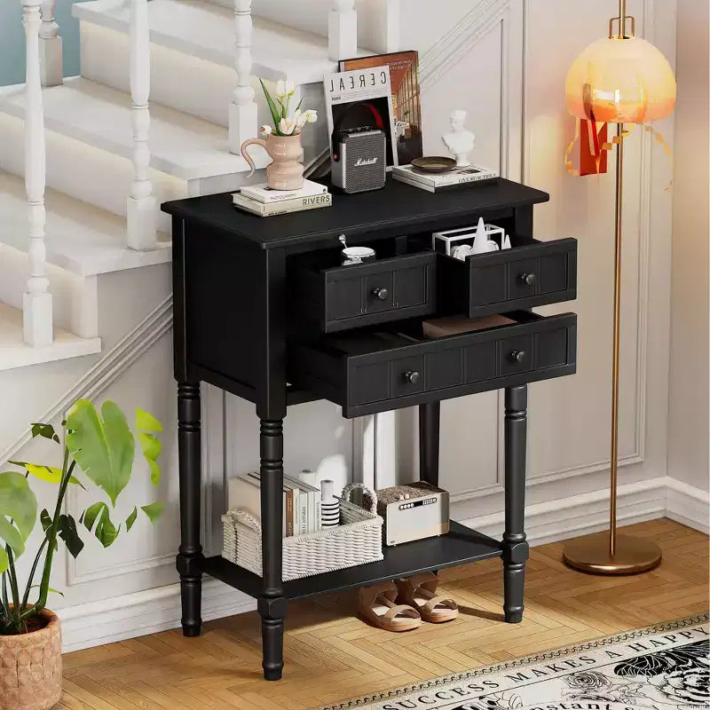 Narrow Console Table with Three Storage Drawers and Bottom Shelf