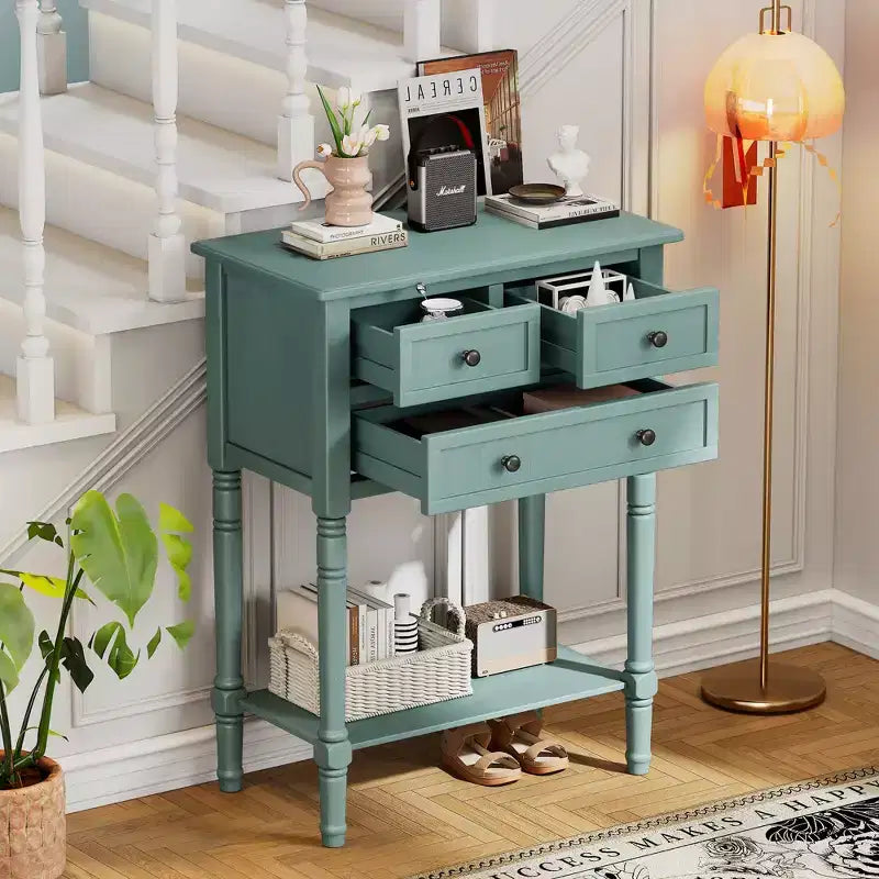 Narrow Console Table with Three Storage Drawers and Bottom Shelf