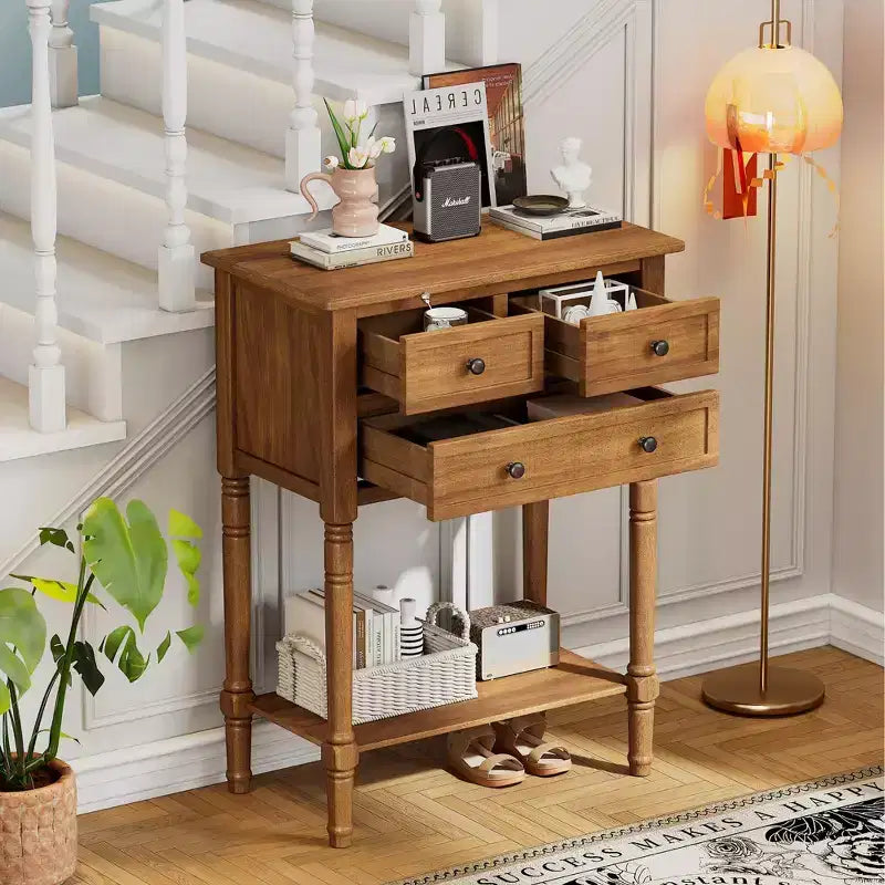 Narrow Console Table with Three Storage Drawers and Bottom Shelf