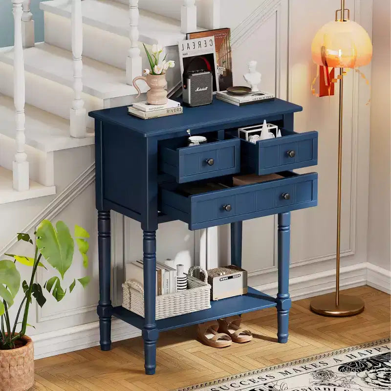 Narrow Console Table with Three Storage Drawers and Bottom Shelf
