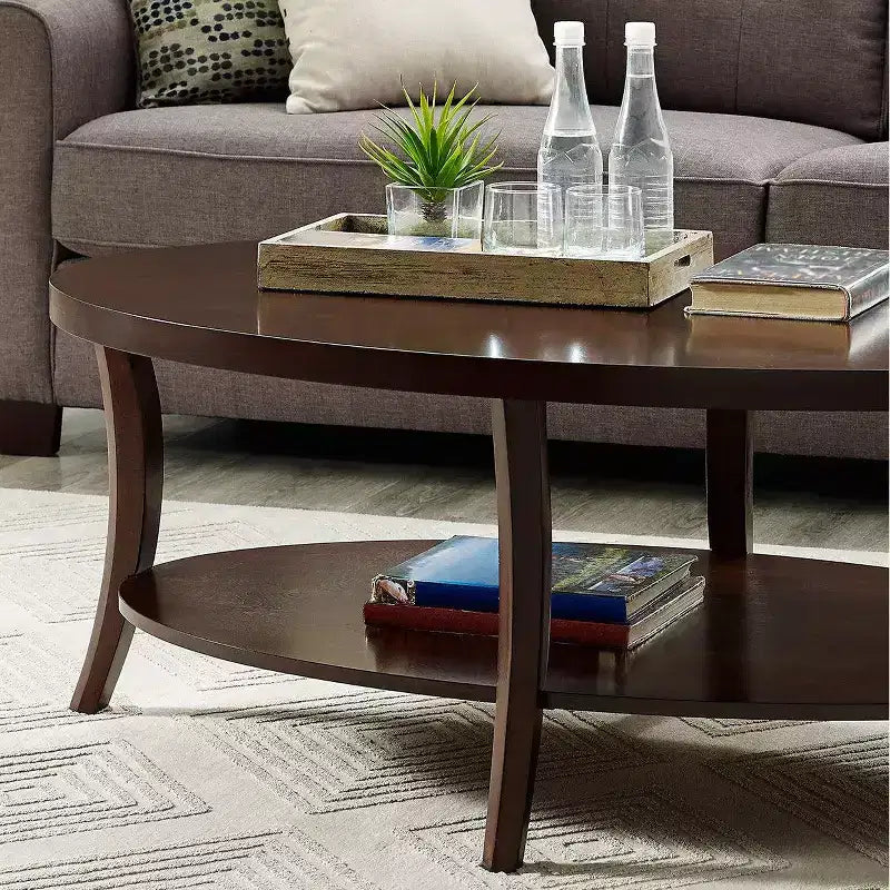 Contemporary Oval Coffee Table with Shelf, Espresso