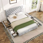 HYLEORY Queen Storage Bed Frame with 4 Drawers & Headboard, Upholstered Platform Bed Frame