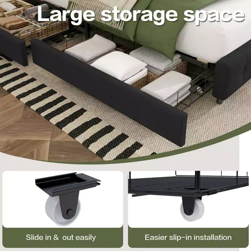 Queen Storage Bed Frame with 4 Drawers & Headboard, Upholstered Platform Bed Frame