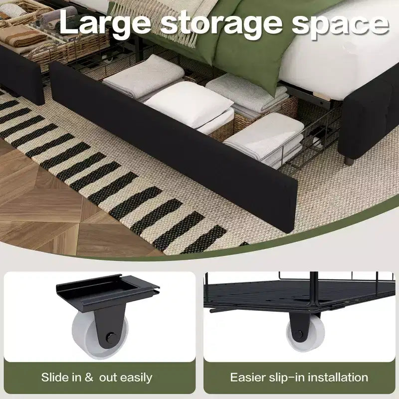 Queen Storage Bed Frame with 4 Drawers & Headboard, Upholstered Platform Bed Frame