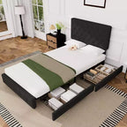 Cadre de lit Queen Size avec 4 tiroirs et tête de lit, plateforme de lit rembourrée