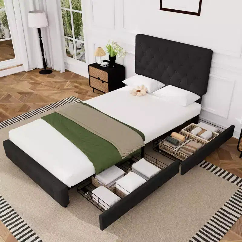 Queen Storage Bed Frame with 4 Drawers & Headboard, Upholstered Platform Bed Frame