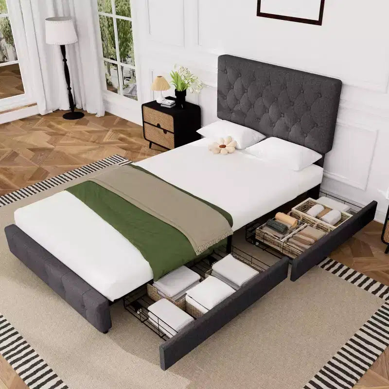 Queen Storage Bed Frame with 4 Drawers & Headboard, Upholstered Platform Bed Frame