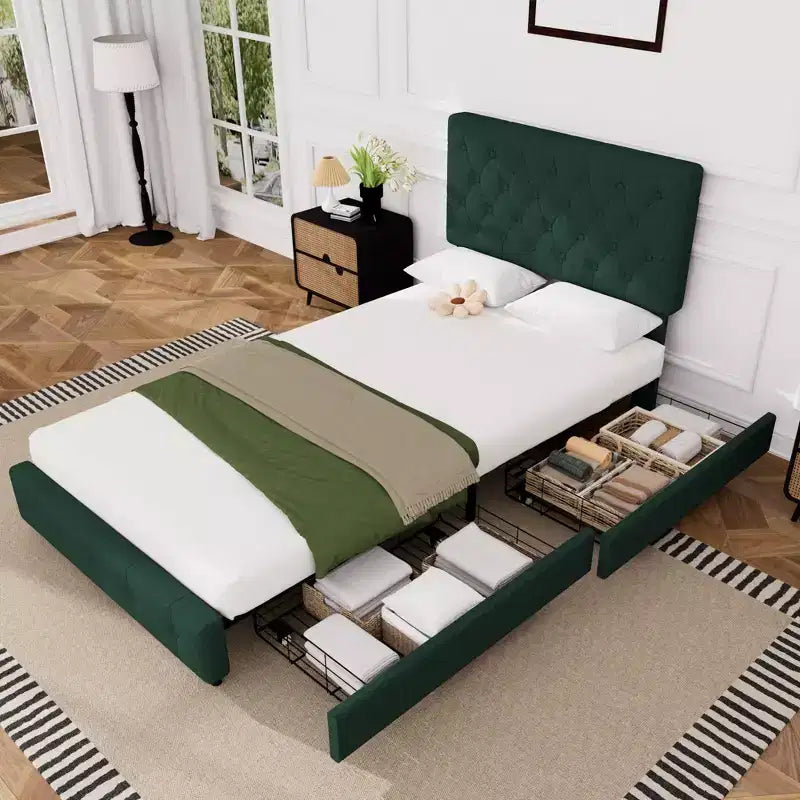 Queen Storage Bed Frame with 4 Drawers & Headboard, Upholstered Platform Bed Frame