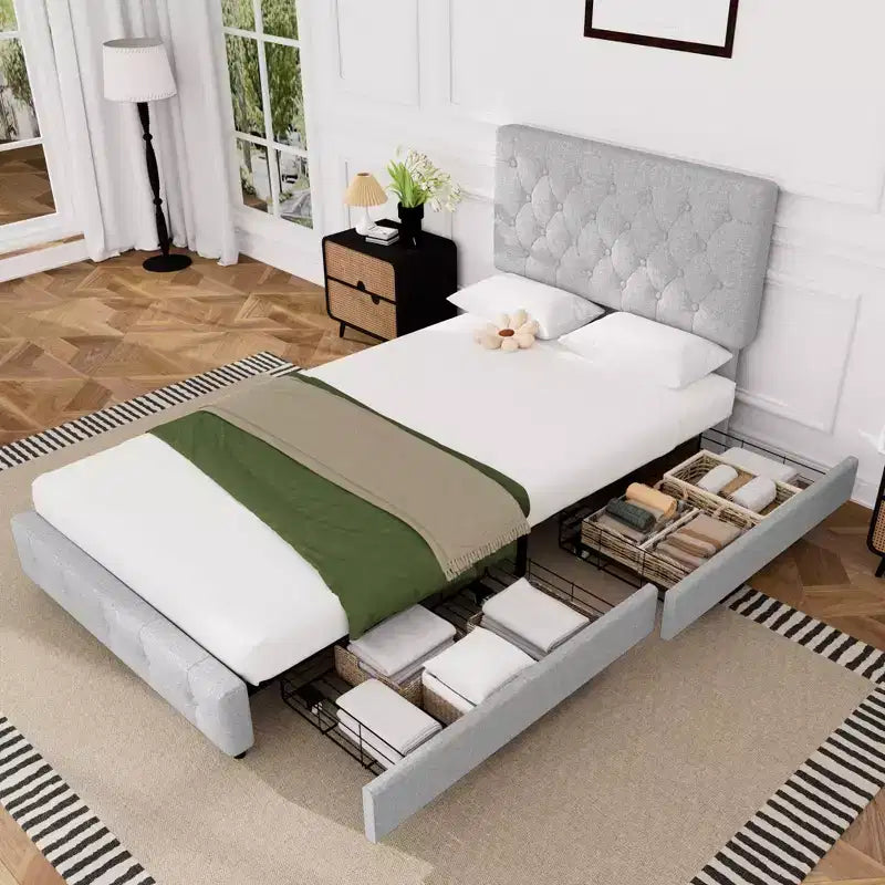 Queen Storage Bed Frame with 4 Drawers & Headboard, Upholstered Platform Bed Frame