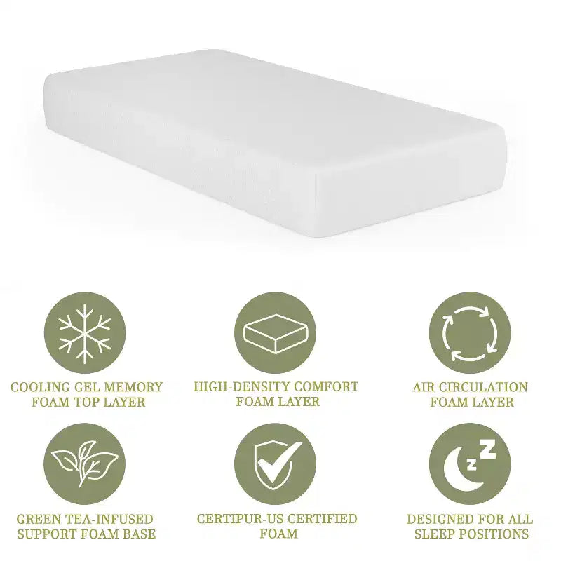 Memory Foam Mattress in a Box with 4 Layers, Green Tea-Infused Foam, Air Circulation Foam, Cooling Gel, CertiPUR-US Certified Foam